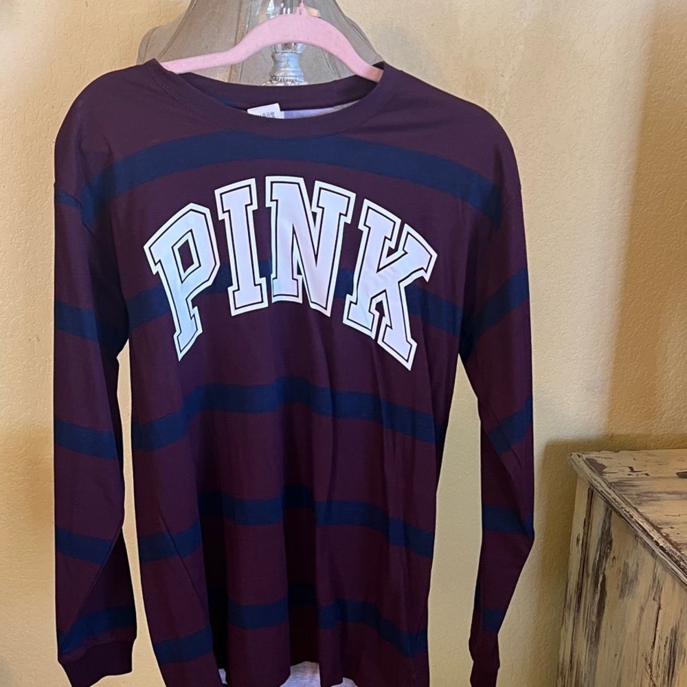 PINK Victoria's Secret Maroon and Navy Long Sleeve Tee